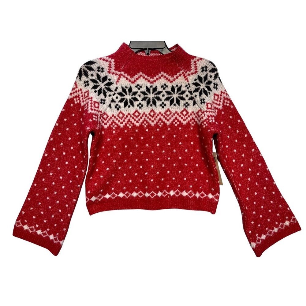 No Boundaries Womens XS Fair Isle Jacquard Pullover Sweater Red White Black Wint